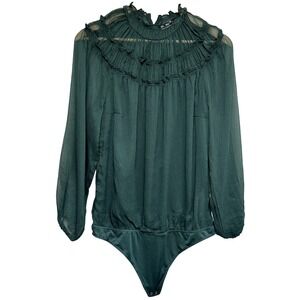 Abercrombie & Fitch Sheer Bodysuit Womens L Green Ruffle High Neck Preppy Chic